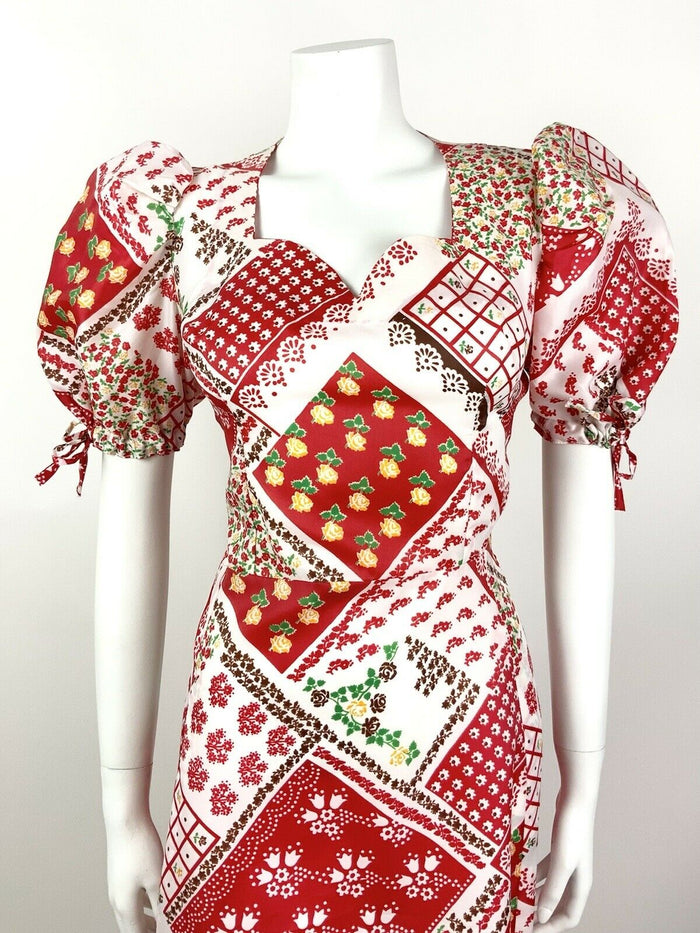 VTG 60s 70s RED WHITE GREEN FLORAL GYPSY PATCHWORK FOLK PUFF SLEEVE DRESS 12 14