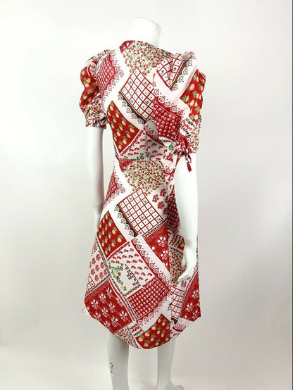 VTG 60s 70s RED WHITE GREEN FLORAL GYPSY PATCHWORK FOLK PUFF SLEEVE DRESS 12 14