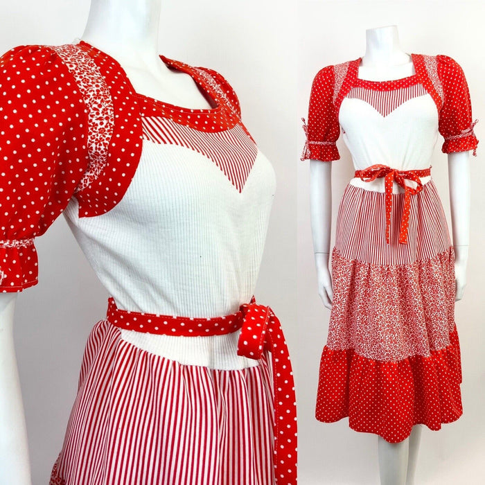 VTG 60s 70s RED WHITE STRIPE DOTTY FLORAL PRAIRIE FOLK PUFF SLEEVE DRESS 10 12