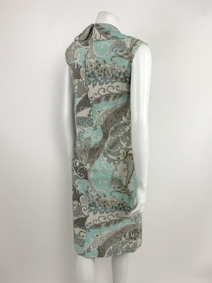 VTG 60s 70s SILVER MINT GREY WHITE GLITTER SWIRL PSYCHEDELIC COLLAR DRESS 12 14