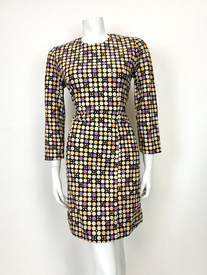 VTG 60s 70s STYLE 90s BLACK BEIGE PURPLE POLKA-DOT MOD SHORT SCOOTER DRESS 10 12