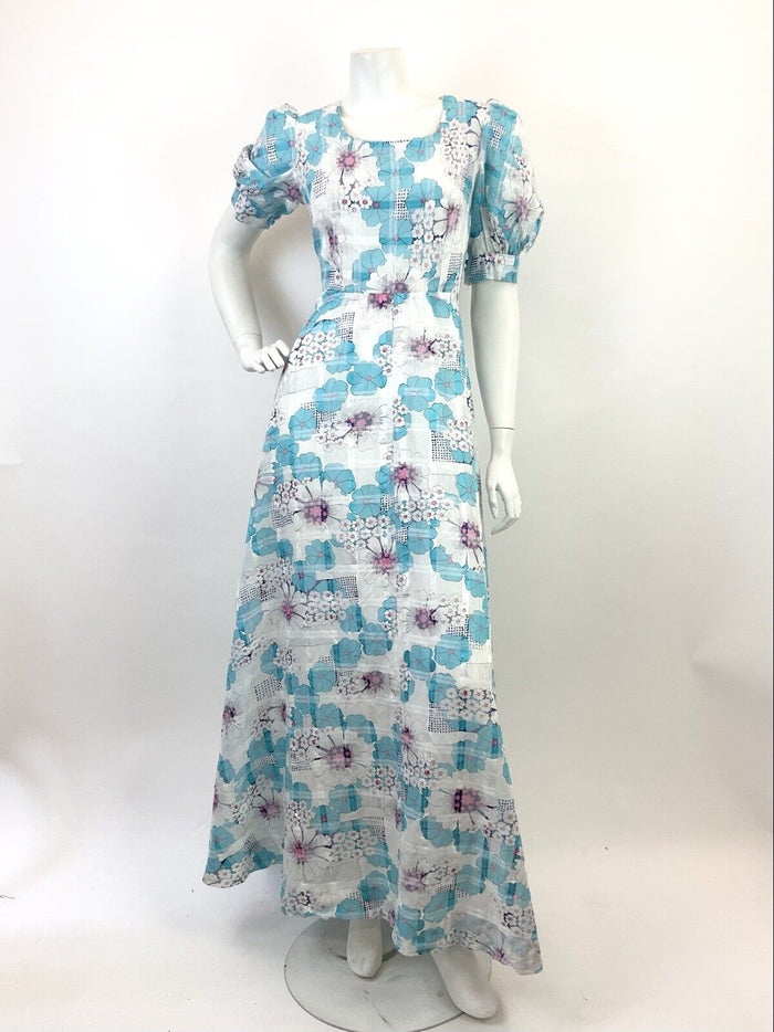 VTG 60s 70s WHITE BLUE PINK FLORAL PUFF SLEEVE PSYCHEDELIC MOD MAXI DRESS 8