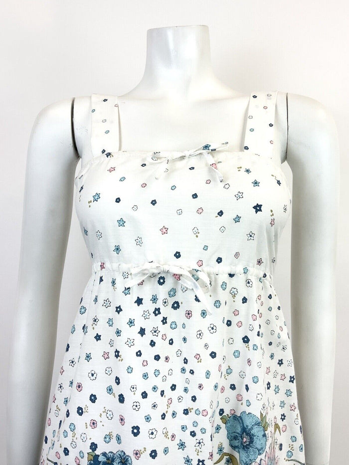 VTG 60s 70s WHITE BLUE PINK GOLD FLORAL DITSY EMPIRE LINE STRAPPY SUN DRESS 8