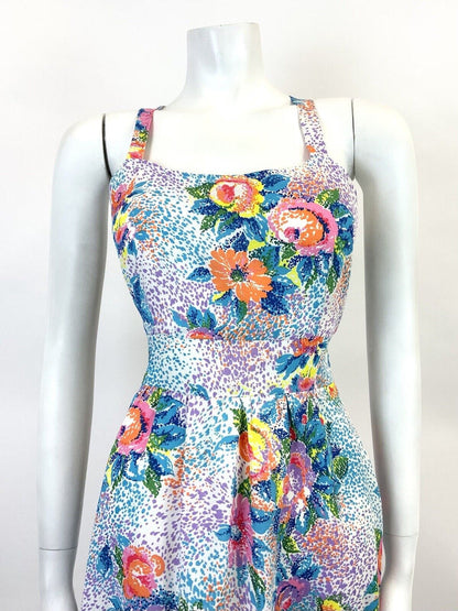 VTG 60s 70s WHITE BLUE PINK PURPLE FLORAL POINTILLISM PSYCHEDELIC SUN DRESS 8 10