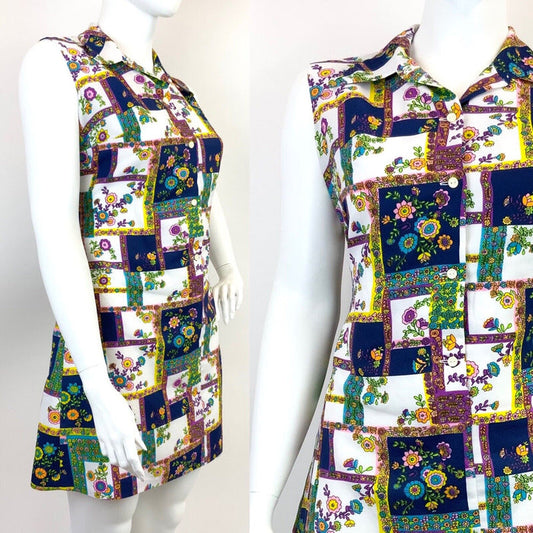 VTG 60s 70s WHITE BLUE PURPLE PATCHWORK FLORAL FOLK MOD DAGGER SHIRT DRESS 18 20