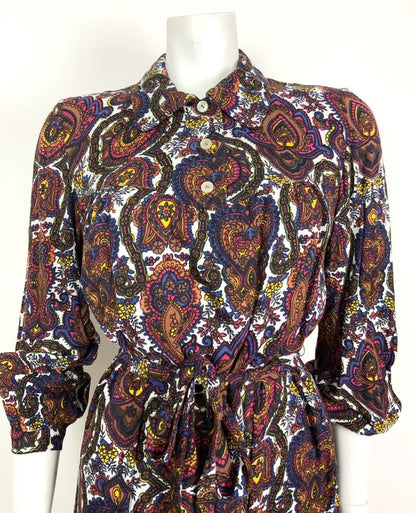 VTG 60s 70s WHITE BROWN BLUE RED PSYCHEDELIC PAISLEY FLORAL SHIRT DRESS 12 14