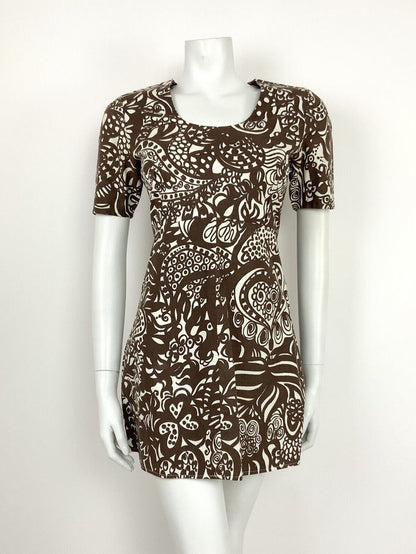 VTG 60s 70s WHITE BROWN PSYCHEDELIC FLORAL PAISLEY HANDPRINTED MINI DRESS 10
