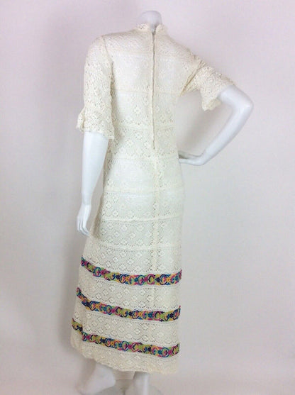 VTG 60S 70S WHITE CREAM EMBROIDERED CROCHET MAXI DRESS 6 8