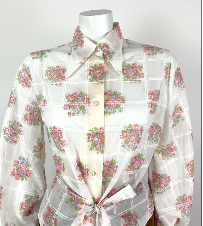 VTG 60s 70s WHITE FLORAL CHECKED DAGGER COLLAR FOLK PUFF SLEEVE SHIRT 12 14