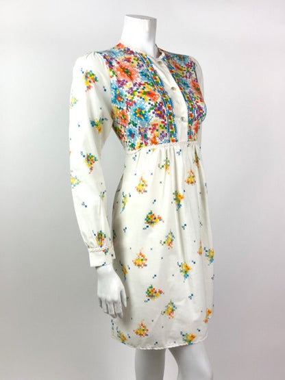VTG 60s 70s WHITE GREEN BLUE ORANGE CROSS-STITCH PIXEL FLORAL LACE DRESS 10 12