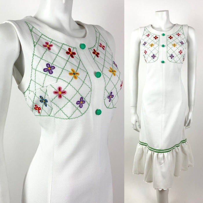 VTG 60s 70s WHITE GREEN RED FLORAL EMBROIDERED BOHO FOLK SLEEVELESS DRESS 12 14