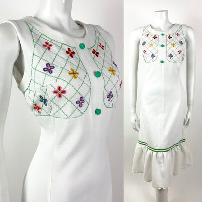 VTG 60s 70s WHITE GREEN RED FLORAL EMBROIDERED BOHO FOLK SLEEVELESS DRESS 12 14