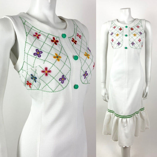 VTG 60s 70s WHITE GREEN RED FLORAL EMBROIDERED BOHO FOLK SLEEVELESS DRESS 12 14