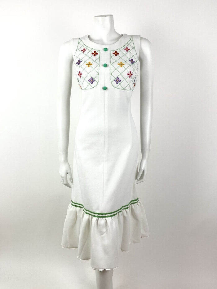 VTG 60s 70s WHITE GREEN RED FLORAL EMBROIDERED BOHO FOLK SLEEVELESS DRESS 12 14