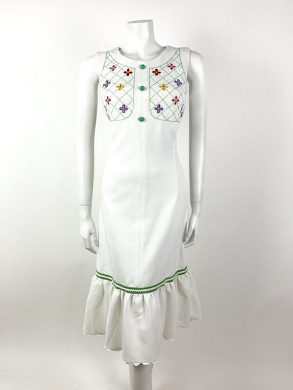 VTG 60s 70s WHITE GREEN RED FLORAL EMBROIDERED BOHO FOLK SLEEVELESS DRESS 12 14