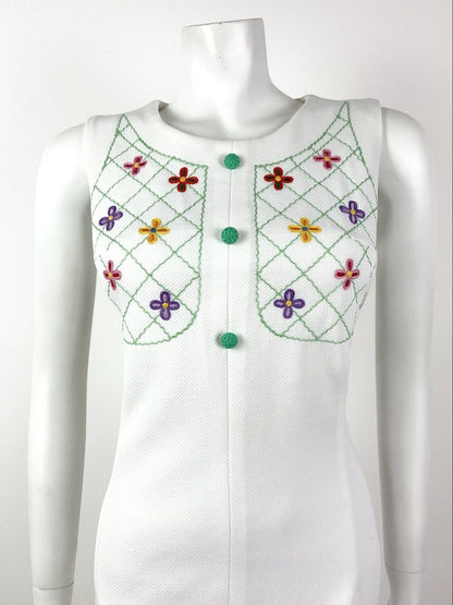 VTG 60s 70s WHITE GREEN RED FLORAL EMBROIDERED BOHO FOLK SLEEVELESS DRESS 12 14