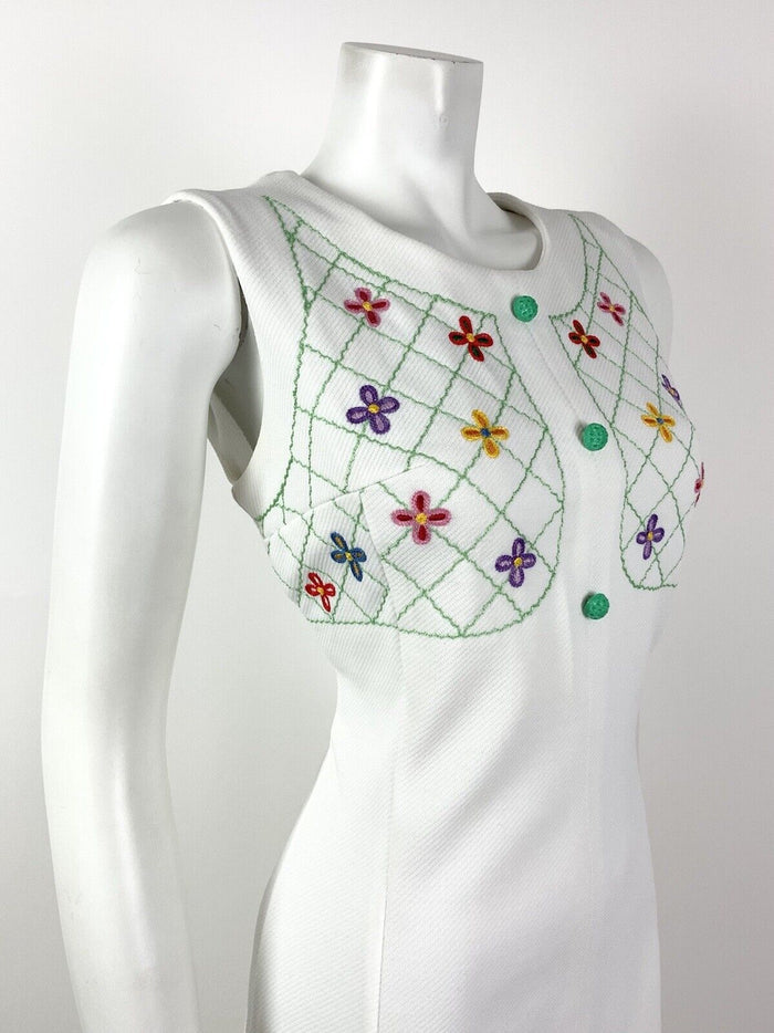 VTG 60s 70s WHITE GREEN RED FLORAL EMBROIDERED BOHO FOLK SLEEVELESS DRESS 12 14