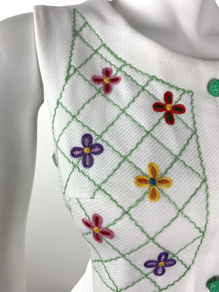 VTG 60s 70s WHITE GREEN RED FLORAL EMBROIDERED BOHO FOLK SLEEVELESS DRESS 12 14