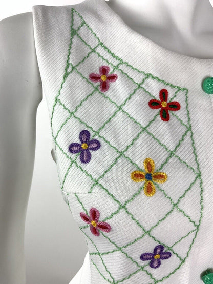 VTG 60s 70s WHITE GREEN RED FLORAL EMBROIDERED BOHO FOLK SLEEVELESS DRESS 12 14