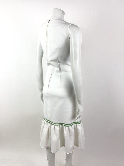 VTG 60s 70s WHITE GREEN RED FLORAL EMBROIDERED BOHO FOLK SLEEVELESS DRESS 12 14