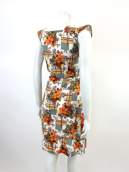 VTG 60s 70s WHITE ORANGE RED GREEN GEOMETRIC FLORAL MOD RUFFLE SHIFT DRESS 12 14
