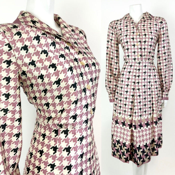 VTG 60s 70s WHITE PINK BLACK HOUNDSTOOTH MOD PLEATED DAGGER SHIRT DRESS 10 12