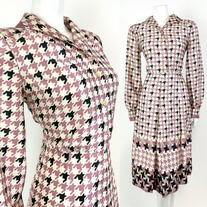 VTG 60s 70s WHITE PINK BLACK HOUNDSTOOTH MOD PLEATED DAGGER SHIRT DRESS 10 12
