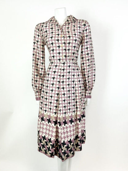 VTG 60s 70s WHITE PINK BLACK HOUNDSTOOTH MOD PLEATED DAGGER SHIRT DRESS 10 12