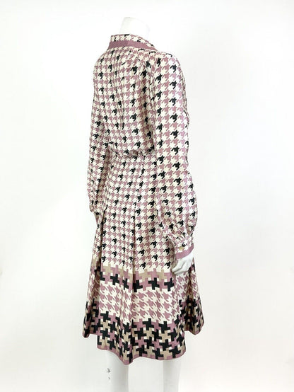 VTG 60s 70s WHITE PINK BLACK HOUNDSTOOTH MOD PLEATED DAGGER SHIRT DRESS 10 12