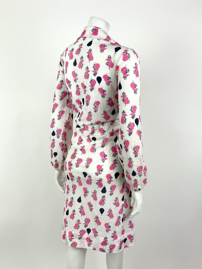 VTG 60s 70s WHITE PINK BLUE FRUITY PEAR DAGGER COLLAR SHIRT DRESS 14