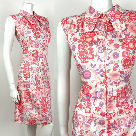 VTG 60s 70s WHITE PINK PURPLE PSYCHEDELIC FLORAL SPOON COLLAR SHIRT DRESS 12 14