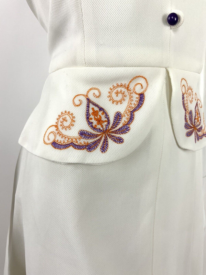 VTG 60s 70s WHITE PURPLE ORANGE EMBROIDERED FLORAL FOLK PAISLEY PEPLUM DRESS 14