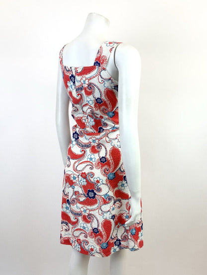 VTG 60s 70s WHITE RED BLUE FLORAL DOTTY PAISLEY PSYCHEDELIC MOD SUNDRESS 8 10