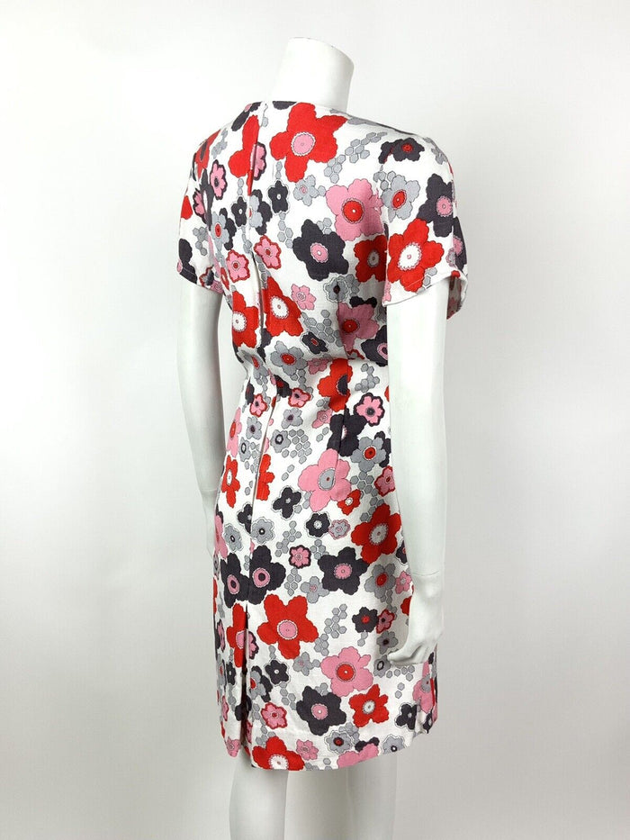 VTG 60s 70s WHITE RED PINK GREY FLORAL FLOWER POWER PSYCHEDELIC DRESS 12 14