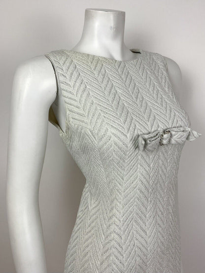 VTG 60s 70s WHITE SILVER LUREX CHEVRON DIAMANTE BOW COCKTAIL PARTY DRESS 10 12