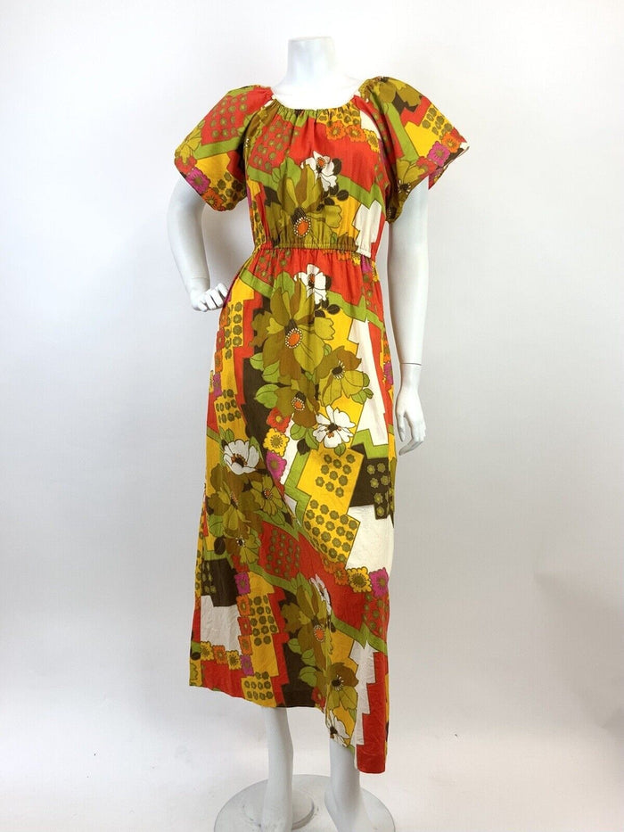 VTG 60s 70s YELLOW GREEN RED PINK PSYCHEDELIC FLORAL DAISY MOD MAXI DRESS 8 10