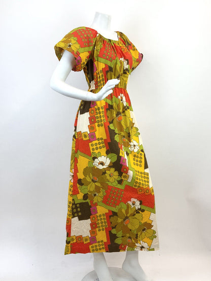 VTG 60s 70s YELLOW GREEN RED PINK PSYCHEDELIC FLORAL DAISY MOD MAXI DRESS 8 10