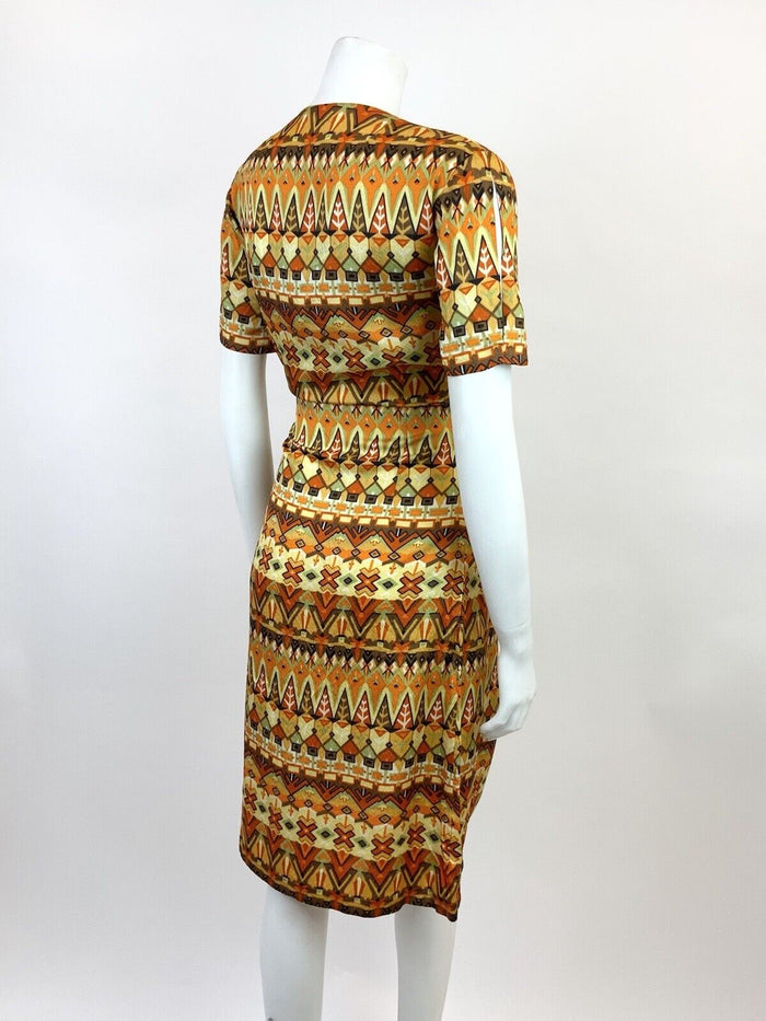 VTG 60s 70s YELLOW ORANGE GREEN BLACK GEOMETRIC AZTEC PSYCHEDELIC DRESS 12 14