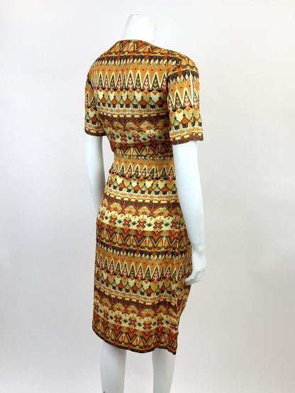 VTG 60s 70s YELLOW ORANGE GREEN BLACK GEOMETRIC AZTEC PSYCHEDELIC DRESS 12 14