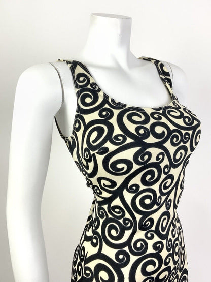 VTG 60s CREAM BLACK SWIRLING SCROLL MOD SWIM BODY BATHING SUIT 12 14