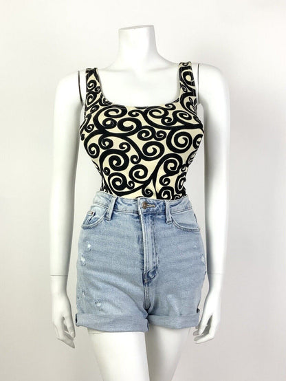 VTG 60s CREAM BLACK SWIRLING SCROLL MOD SWIM BODY BATHING SUIT 12 14