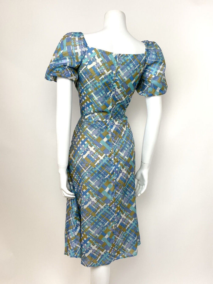 VTG 60s GEOMETRIC CRISS CROSS BLUE GOLD WHITE 10
