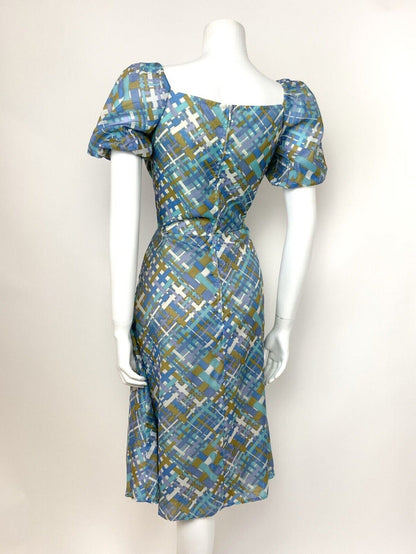 VTG 60s GEOMETRIC CRISS CROSS BLUE GOLD WHITE 10