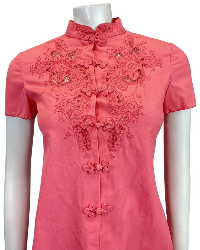 VTG 60s STYLE 90s CORAL PINK FLORAL EMBROIDERED CHEONGSAM QIPAO SHORT DRESS 8
