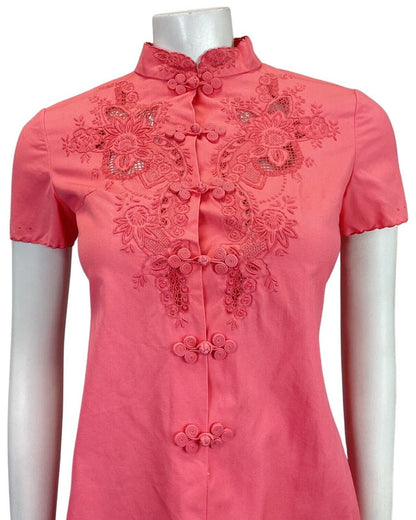 VTG 60s STYLE 90s CORAL PINK FLORAL EMBROIDERED CHEONGSAM QIPAO SHORT DRESS 8