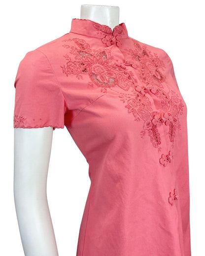VTG 60s STYLE 90s CORAL PINK FLORAL EMBROIDERED CHEONGSAM QIPAO SHORT DRESS 8