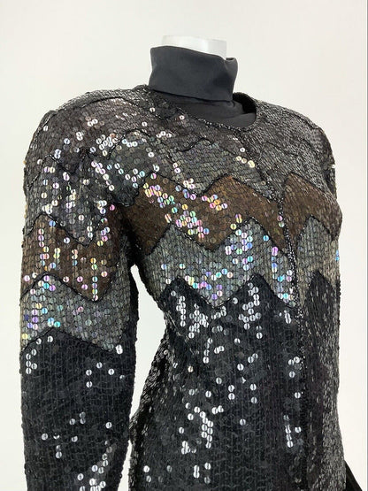 VTG 70s 80s BLACK BRONZE IRIDESCENT DISCO PARTY SEQUIN TROPHY JACKET 14 16