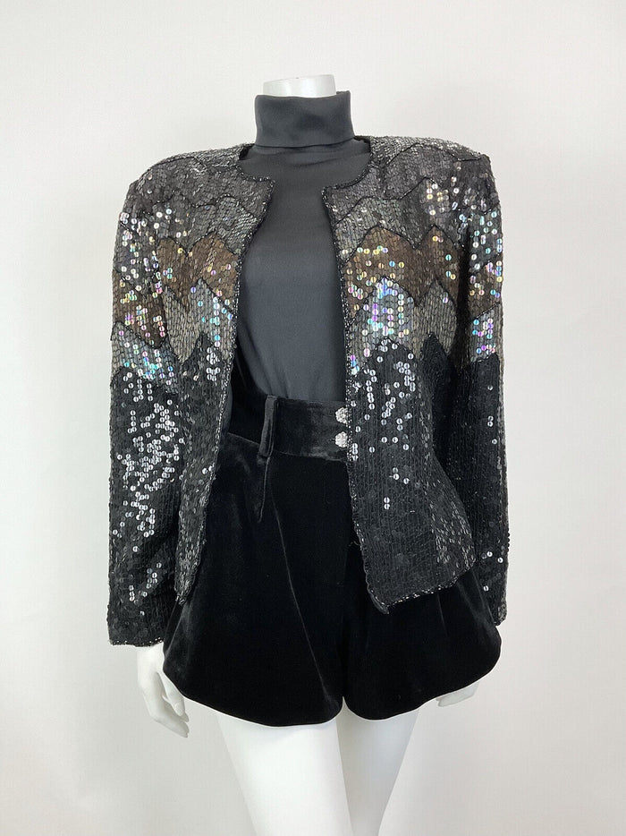 VTG 70s 80s BLACK BRONZE IRIDESCENT DISCO PARTY SEQUIN TROPHY JACKET 14 16