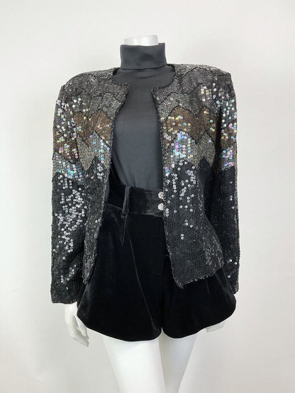 VTG 70s 80s BLACK BRONZE IRIDESCENT DISCO PARTY SEQUIN TROPHY JACKET 14 16