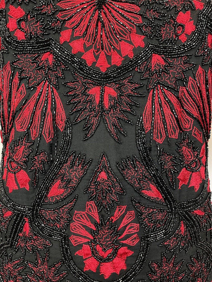 VTG 70s 80s BLACK RED FLORAL EMBROIDERED BEADED SEQUIN PARTY BLOUSE TOP 24 26